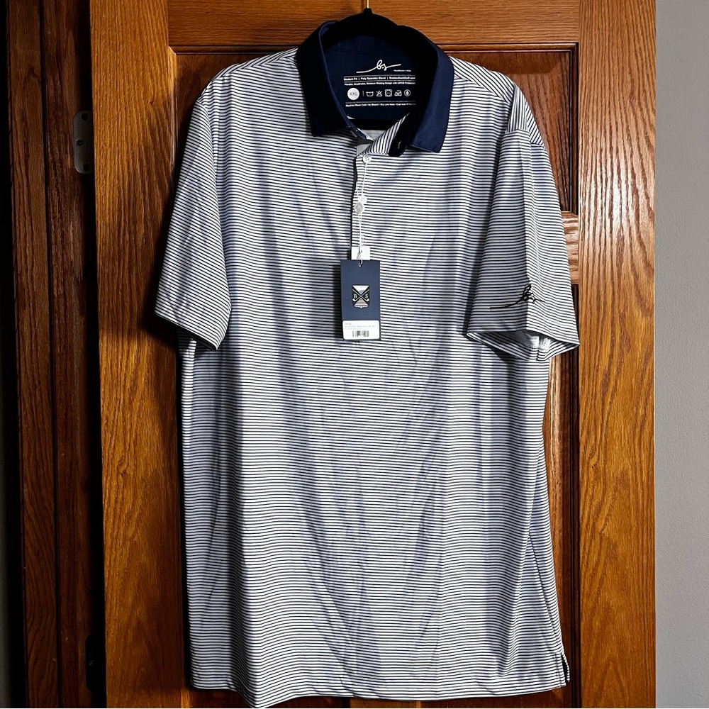 Boston Scott Men’s Stretch Golf Polo Shirt Blue/White Striped Sz XXL NWT